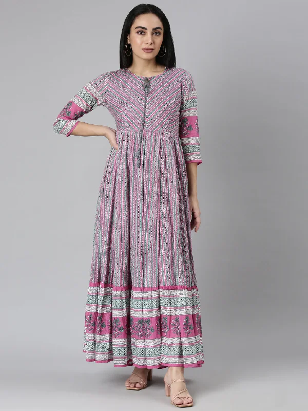 Maxi Dresses with Tie Front Design -Neerus Pink Curved Casual Ethnic Motifs Maxi Dresses