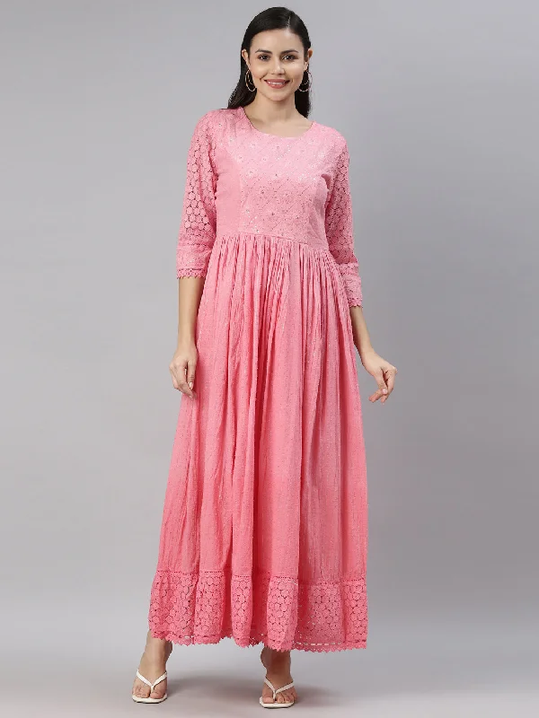 Maxi Dresses for Travel -Neerus Pink Floral Embroidered Ethnic Maxi Dress