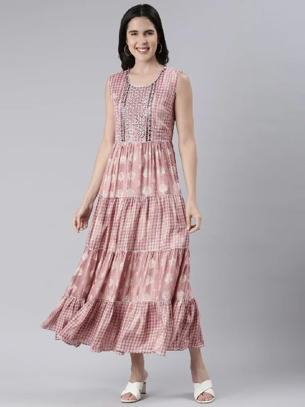 Maxi Dresses with Halter Neck -Neeru's Pink Maxi Casual Printed Dresses