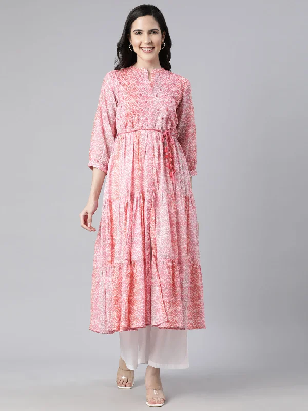 Maxi Dresses in Thin Silk -Neerus Pink Straight Casual Floral Maxi Dresses