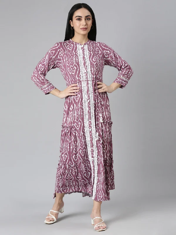 Maxi Dresses for Family Gatherings -Neerus Purple Flared Casual Ethnic Motifs Maxi Dresses