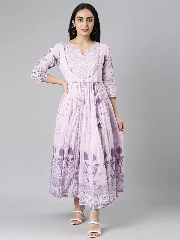 Maxi Dresses with V-Neck Design -Neerus Purple Flared Casual Floral Maxi Dresses