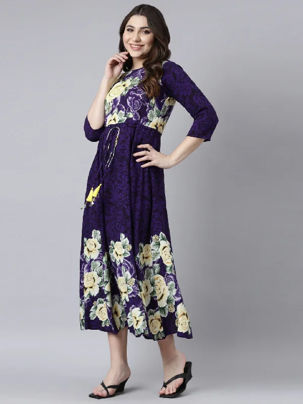 Maxi Dresses in Thin Suede -Neerus Purple Straight Casual Floral Maxi Dresses