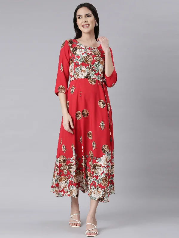 Maxi Dresses in Retro Prints -Neerus Red Curved Casual Floral Maxi Dresses