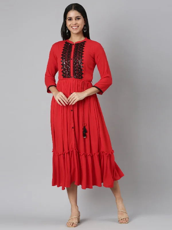 Maxi Dresses with Wrap Back -Neerus Red Flared Casual Solid Maxi Dresses