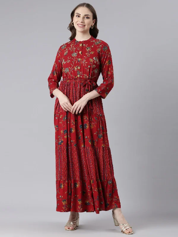 Maxi Dresses in Bright Colors -Neerus Red Viscose Rayon Straight Casual Floral Maxi Dresses