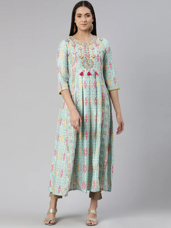 Maxi Dresses in Shiny Finish -Neeru's Round Neck Floral Printed Ethnic Maxi Cotton Dress