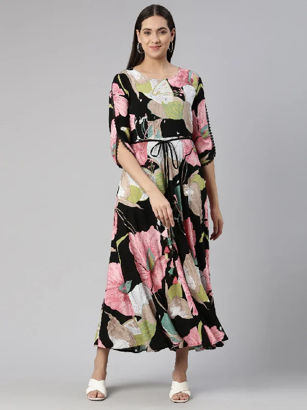 Maxi Dresses for Club Night -Neeru's Round Neck Printed Maxi Dress