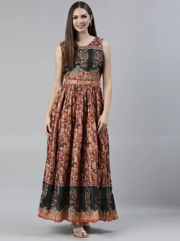 Maxi Dresses for Charity Gala -Neeru's Rust Straight Casual Printed Maxi Dresses