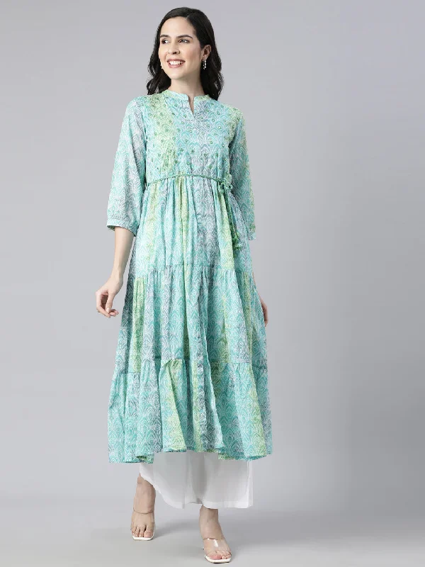 Maxi Dresses in Shiny Finish -Neerus Sea Green Straight Casual Floral Maxi Dresses