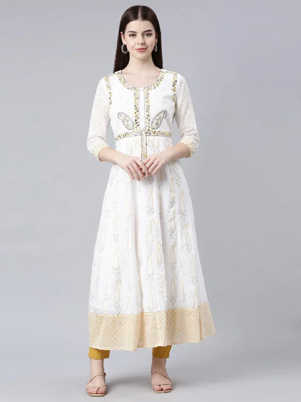 Maxi Dresses with Gathered Front -Neerus White Straight Casual Ethnic Motifs Maxi Dresses