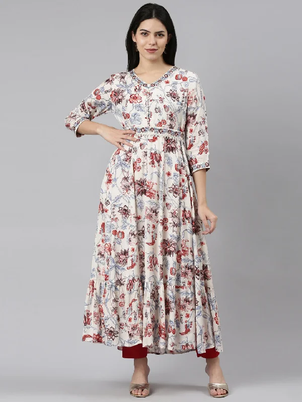 Maxi Dresses in Matte Finish -Neeru's White Straight Casual Printed Maxi Dresses