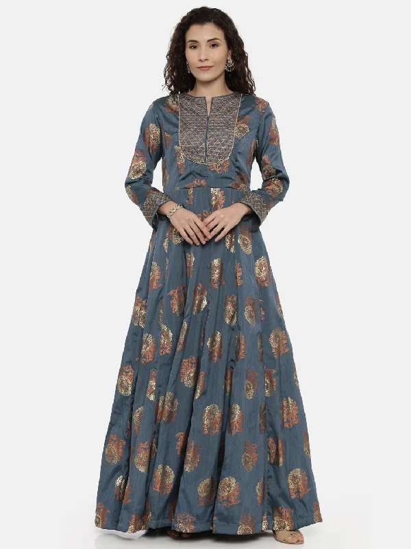 Maxi Dresses for Warm Weather -Neerus Women Blue Printed Maxi Dress