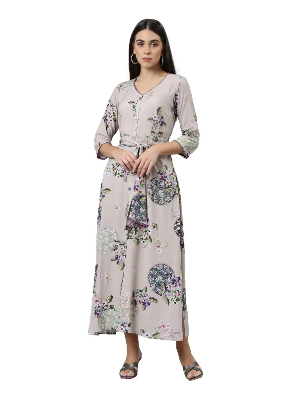 Maxi Dresses in Cotton Fabric -Neerus Women Grey Floral Ethnic Maxi Dress