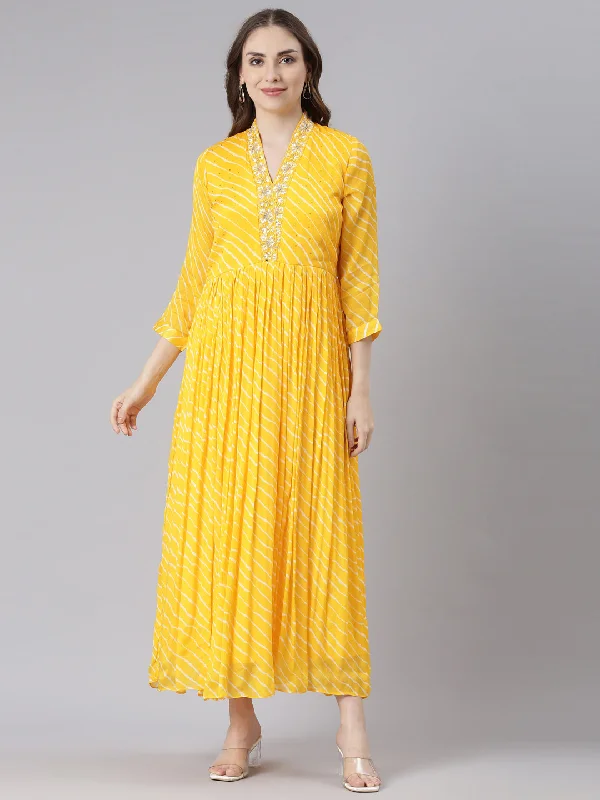 Maxi Dresses for Beach Night -Neerus Yellow Cotton Straight Casual Ethnic Motifs Maxi Dresses