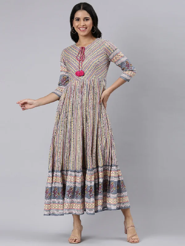 Maxi Dresses for Outdoor Parties -Neerus Yellow Curved Casual Ethnic Motifs Maxi Dresses