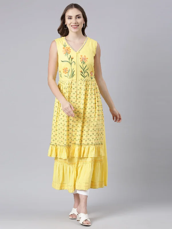 Maxi Dresses in Fine Velvet -Neerus Yellow Flared Casual Solid Maxi Dresses