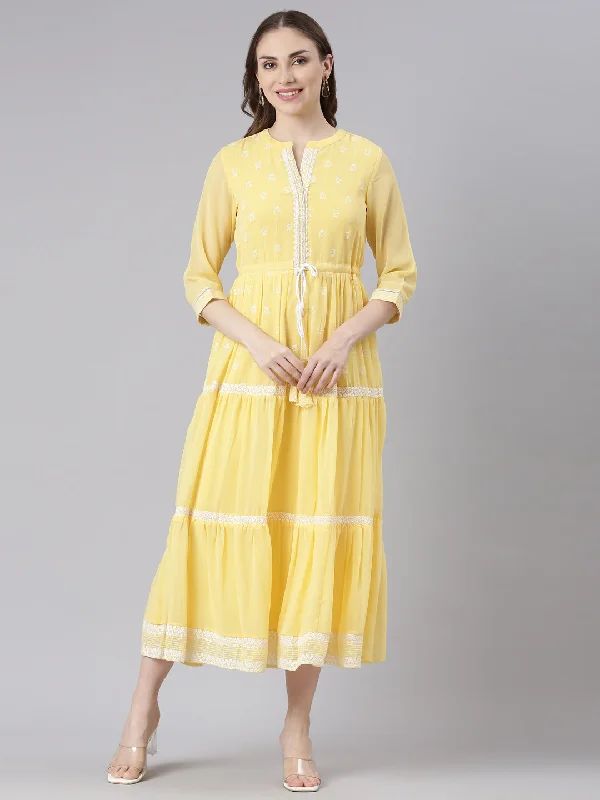 Green Maxi Dresses Sale -Neerus Yellow Georgette Straight Casual Ethnic Motifs Maxi Dresses