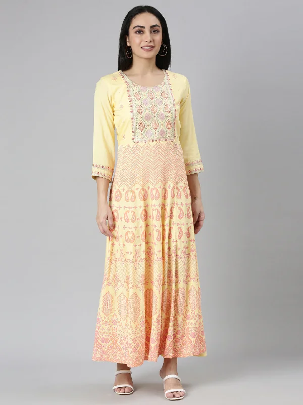 Maxi Dresses for Festival Season -Neerus Yellow Straight Casual Ethnic Motifs Maxi Dresses