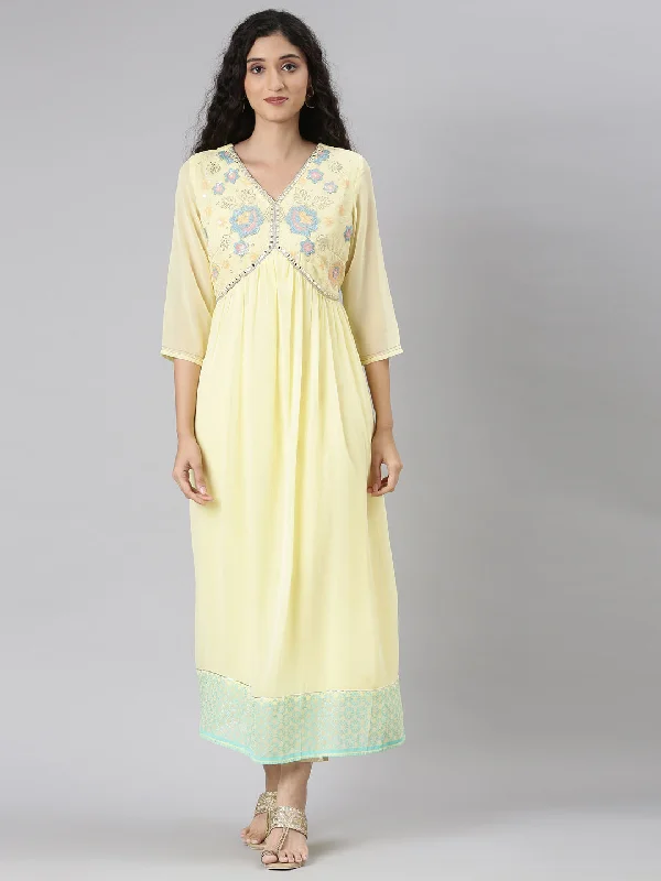 Maxi Dresses for Sunset Date -Neerus Yellow Straight Casual Floral Maxi Dresses