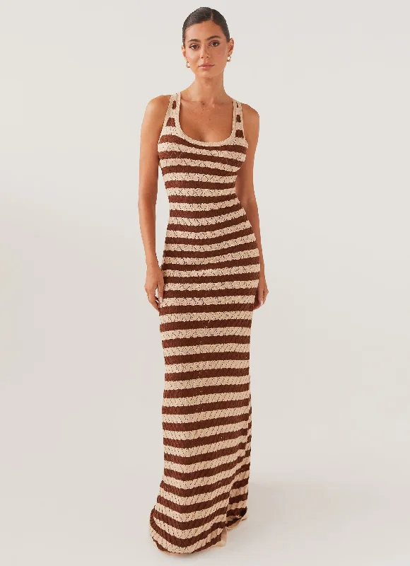 Maxi Dresses with Ruffle Back -Off The Record Knit Maxi Dress - Cinnamon Stripe