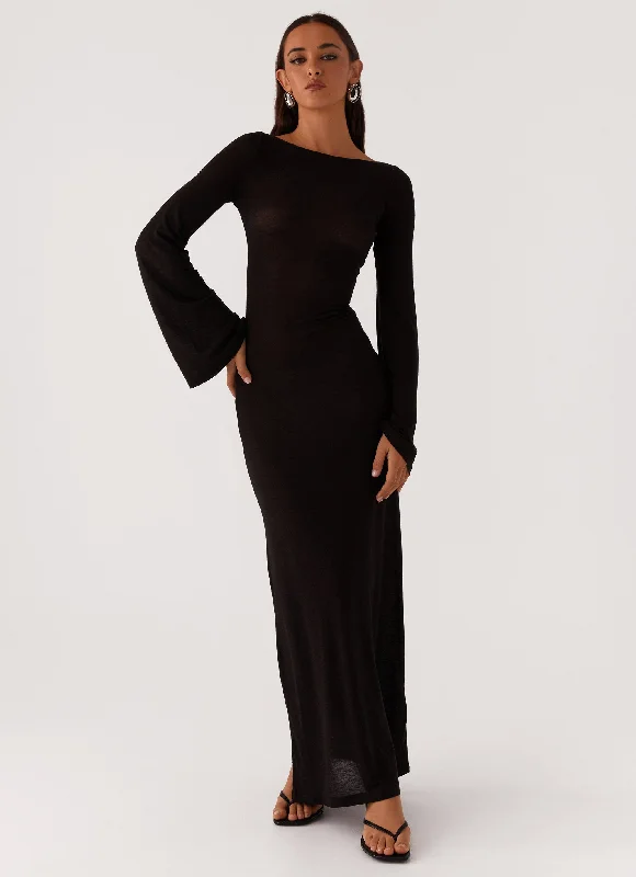 Maxi Dresses in Pure Silk -Olivia Long Sleeve Maxi Dress - Black