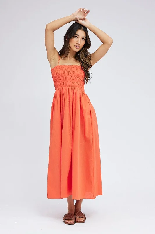 Maxi Dresses in Thin Wool -Orange Maxi Dress Shirred Bust Poplin