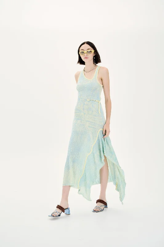 Maxi Dresses in Flowy Chiffon -PEONY FAKE DENIM SHEER MAXI TANK DRESS