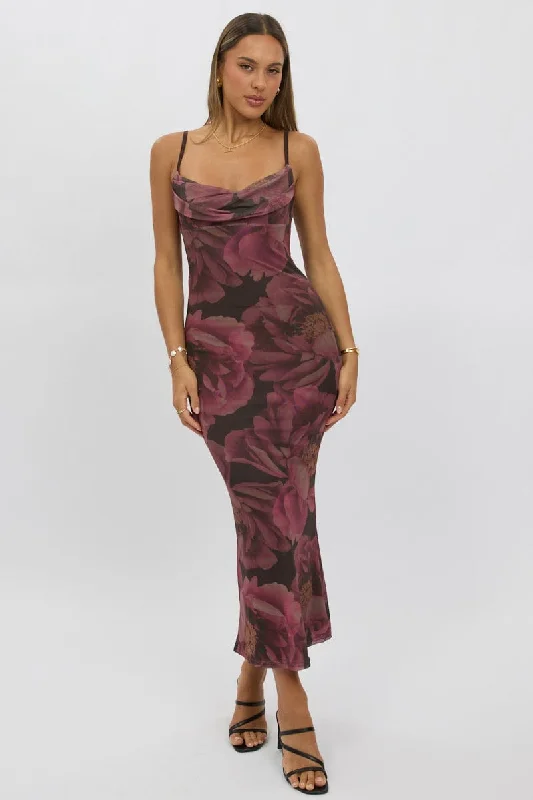 Maxi Dresses for Evening Wear -Pink Floral Bodycon Dress Singlet Cowl Neck Maxi