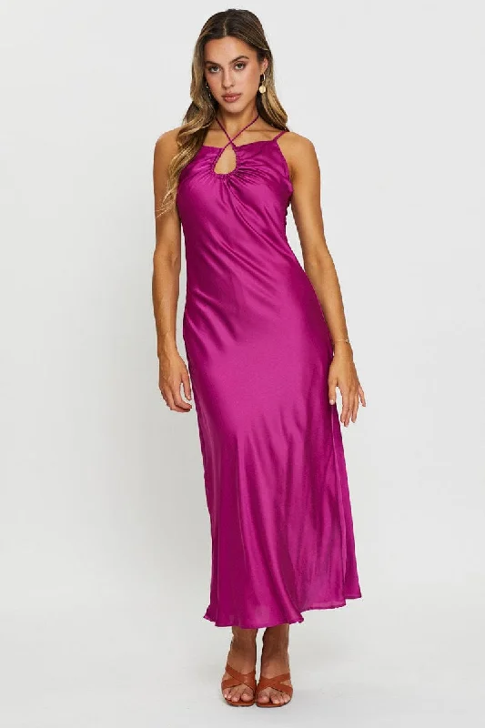 Maxi Dresses with Pleated Edge -Pink Maxi Dress Satin