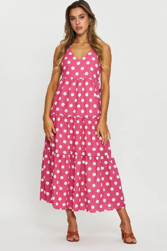 Maxi Dresses in Stretch Fabric -Polka Dot Maxi Dress Sleeveless