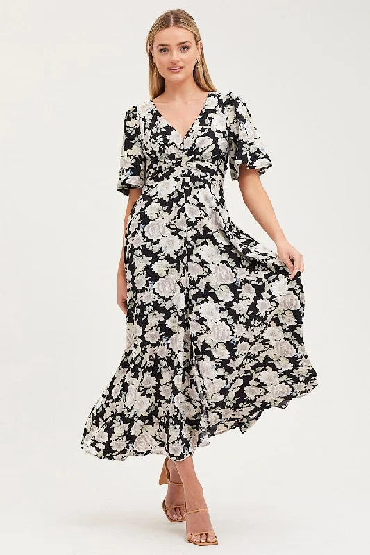 Maxi Dresses in Fun Prints -Print Dress Short Sleeve Maxi V Neck Polyester