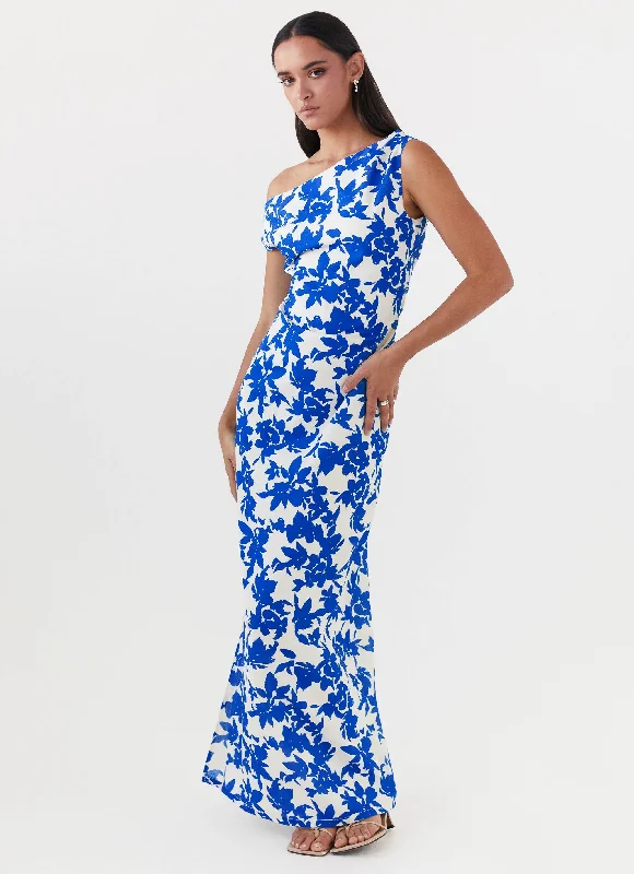 Maxi Dresses in Warm Velvet -Pyper Off Shoulder Maxi Dress - Blue Floral