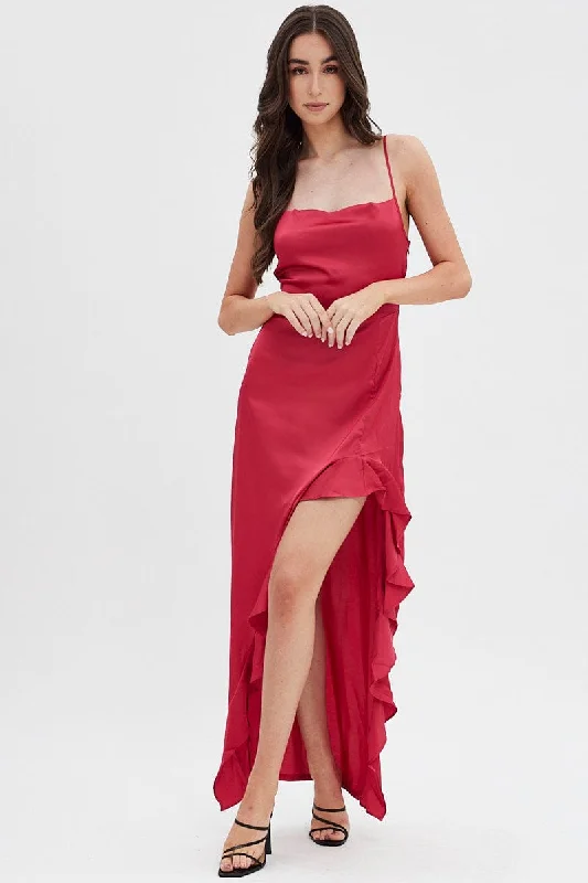 Maxi Dresses in Lightweight Material -Red Ruffle Maxi Satin Cowl Neck Dress