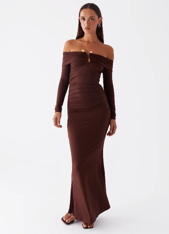 Maxi Dresses with Twisted Front -Rudy Long Sleeve Maxi Dress - Chocolate