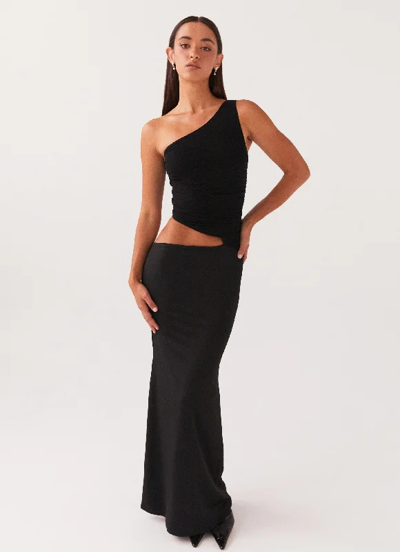 Maxi Dresses with Tassel Details -Seranella One Shoulder Maxi Dress - Black