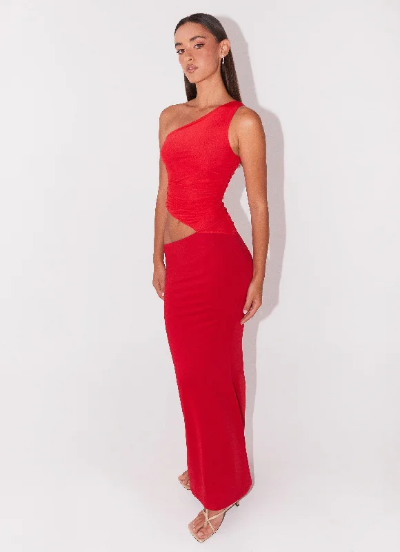 Maxi Dresses with Halter Neck -Seranella One Shoulder Maxi Dress - Cherry Red