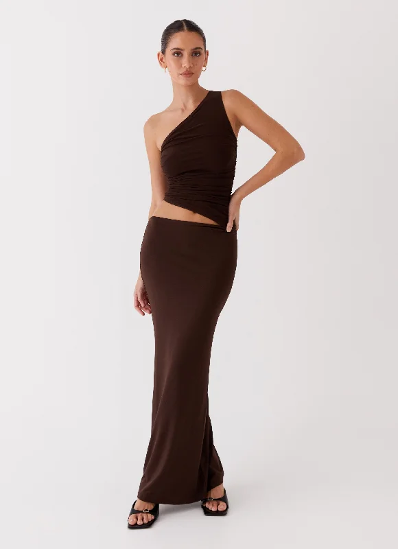 Maxi Dresses in Light Silk -Seranella One Shoulder Maxi Dress - Chocolate