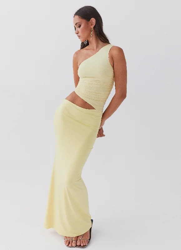 Maxi Dresses with Side Flare -Seranella One Shoulder Maxi Dress - Lemon