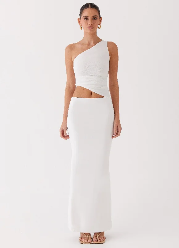 Maxi Dresses in Thin Suede -Seranella One Shoulder Maxi Dress - White