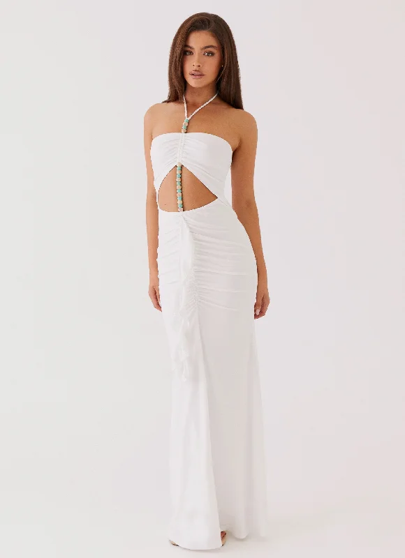 Maxi Dresses in Soft Silk -Serina Ruffle Maxi Dress - White