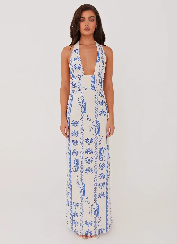 Maxi Dresses in Sparkle Fabric -Sky Linen Maxi Dress - Floral Wave