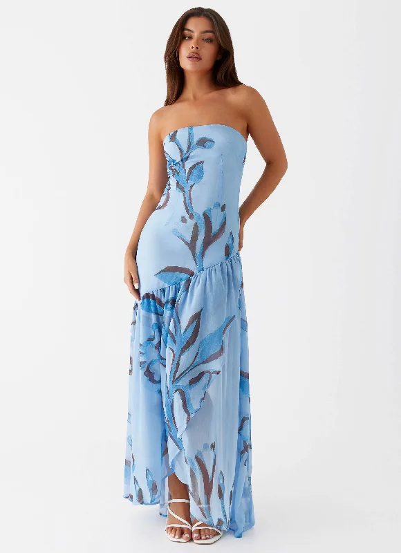 Maxi Dresses with Twist Back -Solaris Strapless Maxi Dress - Blue Floral