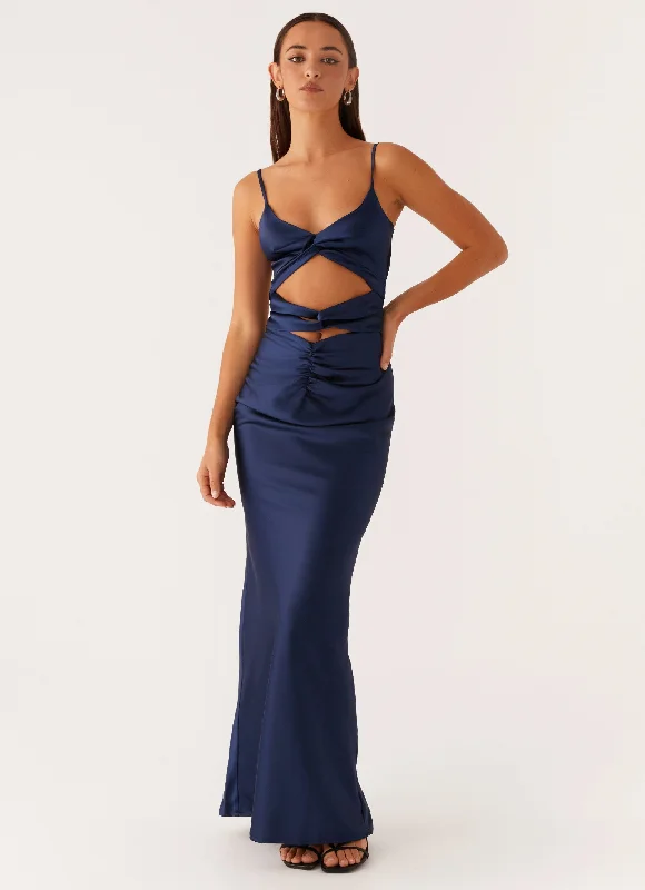 Maxi Dresses with Tiered Design -Stormie Satin Maxi Dress - Navy