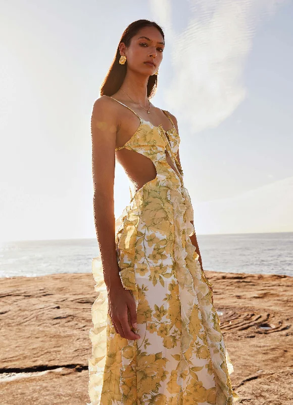 Maxi Dresses with Bow Edge -Sunset Kisses Ruffle Maxi Dress - Daffodil