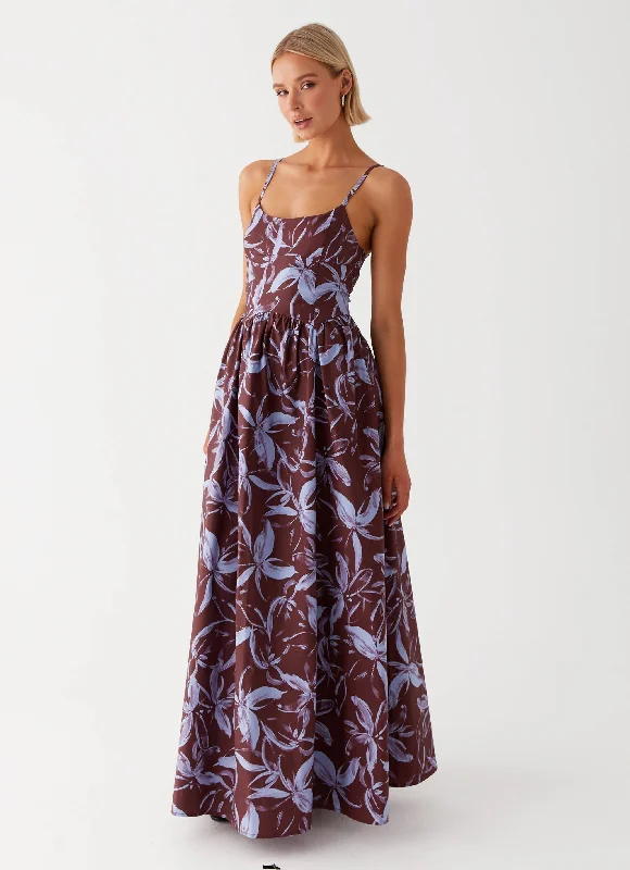 Maxi Dresses in Soft Silk -Tesoro Maxi Dress - Brown Purple Floral