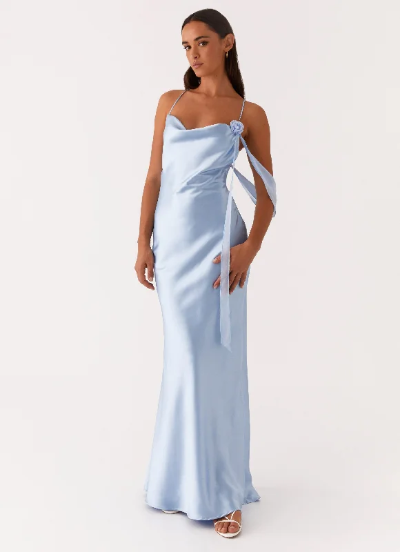 Maxi Dresses with Side Pleats -Too Sweet Satin Maxi Dress - Blue