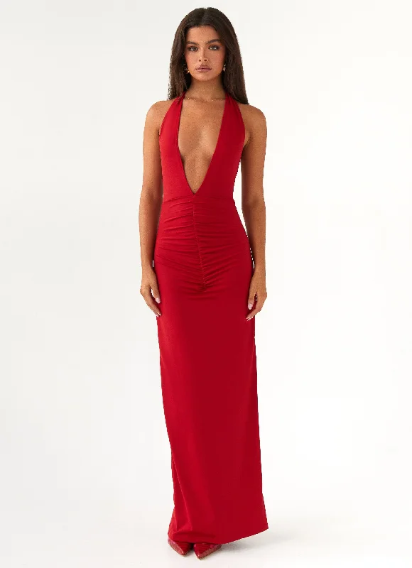 Maxi Dresses with Polka Dots -Whisked Away Halterneck Maxi Dress - Red