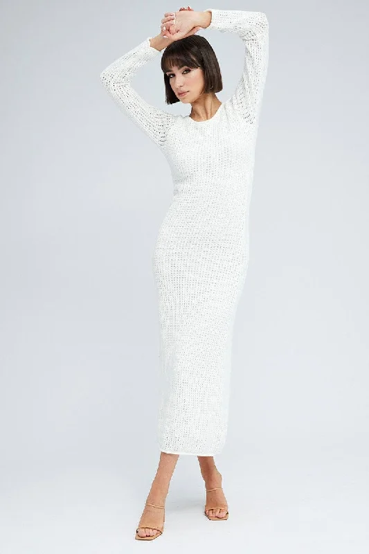 Maxi Dresses for Beach Picnic -White Crochet Maxi Knit Dress