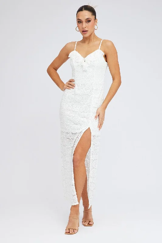 Maxi Dresses in Floral Embroidery -White Maxi Dress Sleeveless Side Split Lace